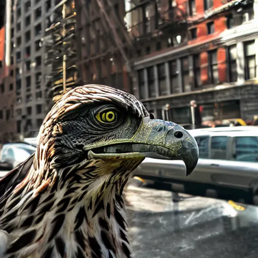 Image similar to photograph of a raptor in new york city