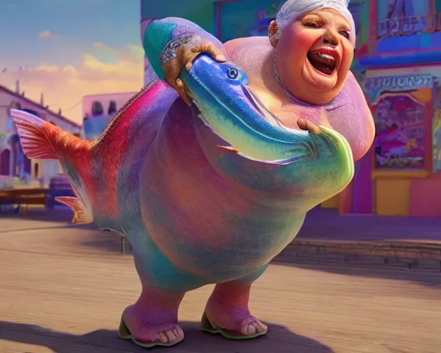 Image similar to of a very beautiful scene. ambient occlusion render. a sweet fat old woman is dancing with a huge colorful fish. hyper realistic. 4 k. wide angle. wild happiness. symmetrical face, red mouth, blue eyes. deep focus, lovely scene. ambient occlusion render. concept art. unreal engine.