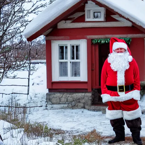 Prompt: a rabbit dressed as santa, stands outside a brown swedish cottage, snowing, in the style of jenny nystrom