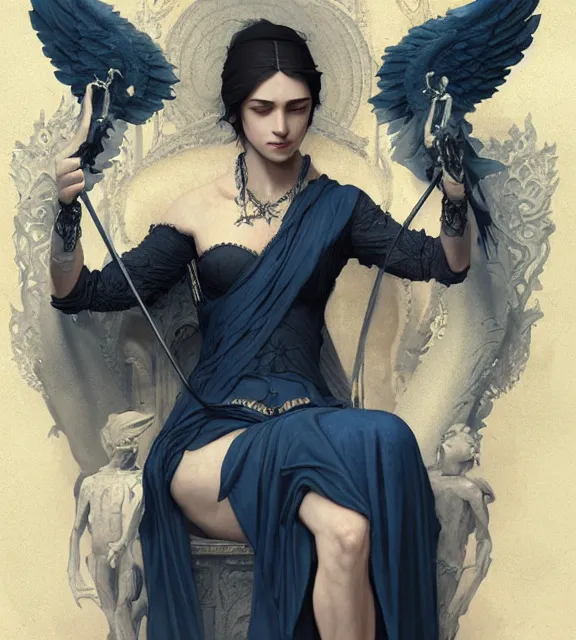 Prompt: god of death, in the underworld, elegant dark blue dress, very detailed, throne, very intricate details, jewelry, delicate tattoos, elaborate long hairstyle, cinematic, artstation, william bouguereau, greg rutkowski, rossdraws, octane render