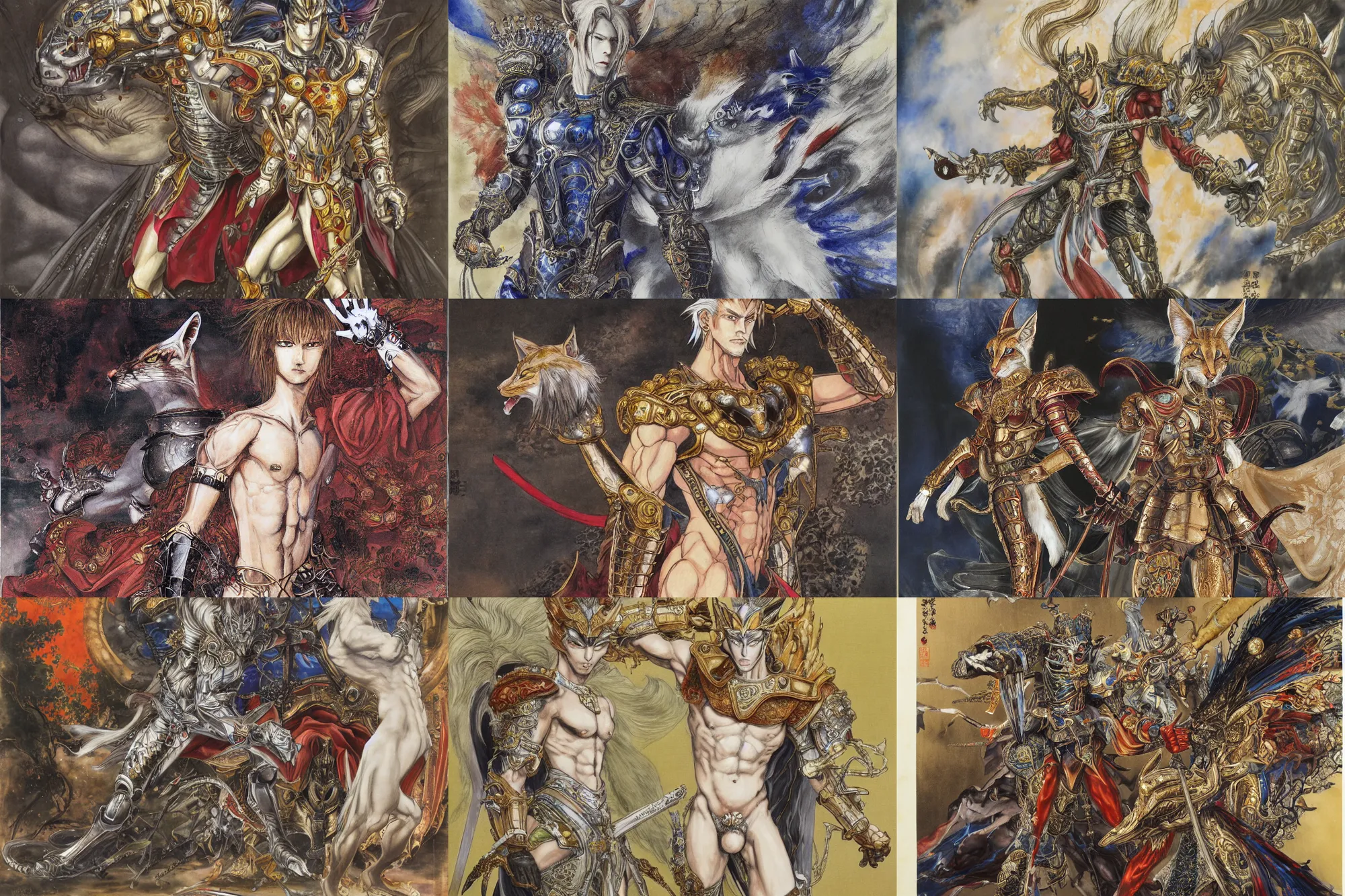 Prompt: 8k Yoshitaka Amano painting of upper body of a young cool looking slim caracal beast-man with white mane at a royal palace. He is wearing complex fantasy armors. Renaissance style.