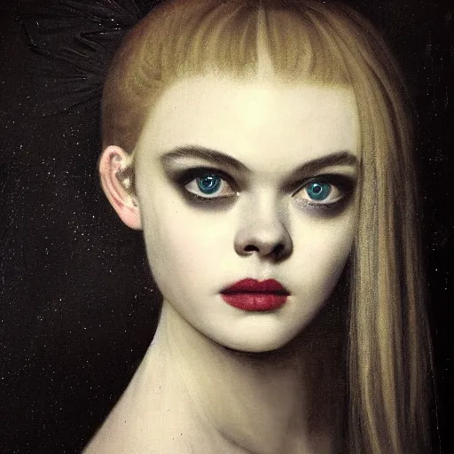 Image similar to a striking esoteric painting of Elle Fanning, dark, metal, black background, occult, by Henry Fuseli Repro