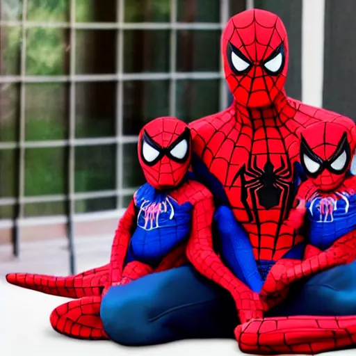 Image similar to realistic photo of spiderman holding baby wearing spiderman costumes, an film still