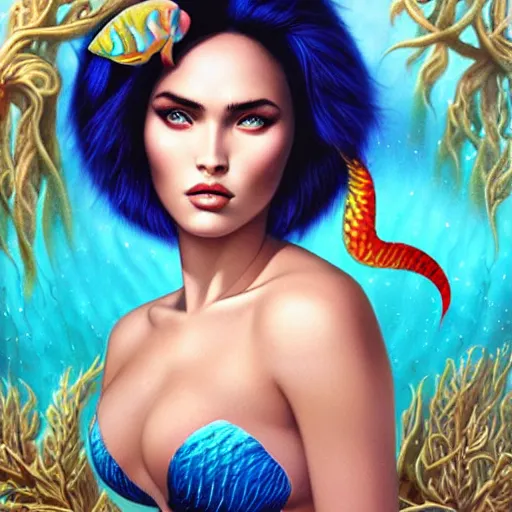 Image similar to underwater mermaid portrait of megan fox, Pixar style, by Tristan Eaton Stanley Artgerm and Tom Bagshaw.