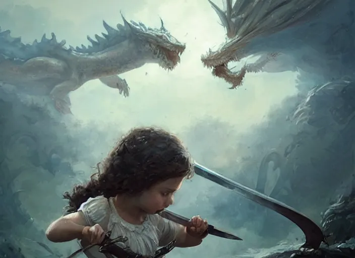 Prompt: a cute little girl with curly brown hair holding a sword faces off against a baby dragon, beautiful fantasy art by greg rutkowski.