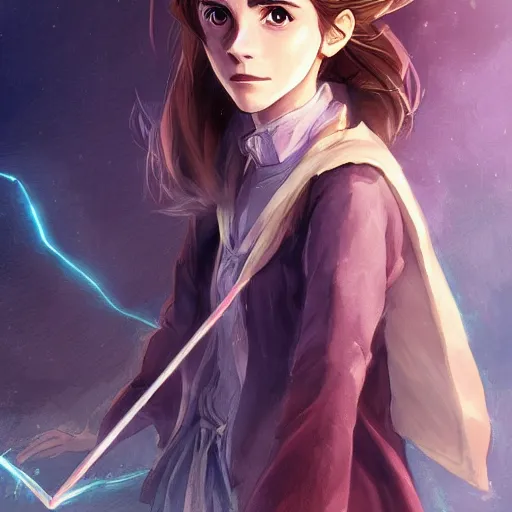 Image similar to anime portrait of Emma Watson as Hermione at Hogwarts holding her magic wand by Stanley Artgerm Lau, WLOP, Rossdraws, James Jean, Andrei Riabovitchev, Marc Simonetti, and Sakimichan, trending on artstation