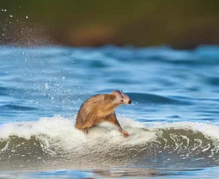 Image similar to 4 k hd, high detail photograph of weasel surfing a wave, shot with sigma f / 4. 2, 2 5 0 mm sharp lens, wide shot, consistent, volumetric lighting, high level texture render