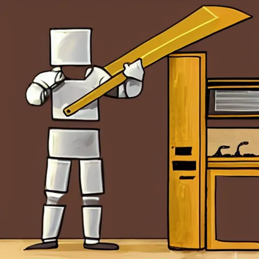 Prompt: hyperrealistic, cardboard boxman with cardboard armor, wielding a cardboard sword inside a kitchen, cabinets, stove