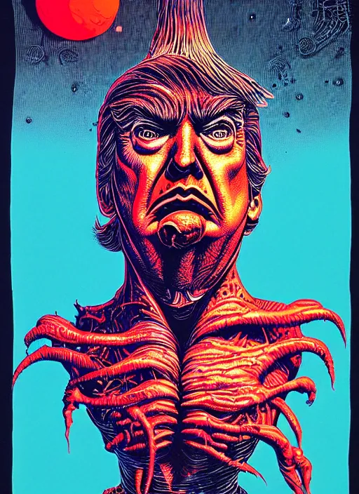 Prompt: risograph of donald trump's grotesque true form revealed, horror, high details, intricate details, by vincent di fate, artgerm julie bell beeple, 1 9 8 0 s, inking, vintage 8 0 s print, screen print