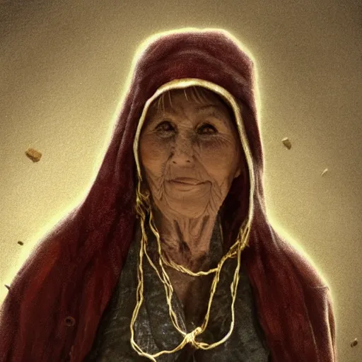 Prompt: an elderly woman wearing a hood and robe of multiple layers of drab colored torn linen, she’s wearing a necklace made of string and cable with golden rings and coins intertwined, lit by campfire, smoky, haze, film grain, cinematic moody, artstation, concept art, filmic by Craig Mullins