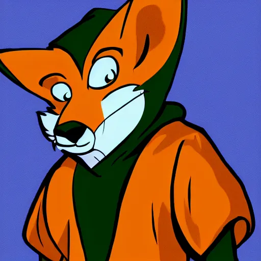 Image similar to Robin Hood anthropomorphic fox, wearing a hoodie, 90s cartoon vhs, trending on FurAffinity