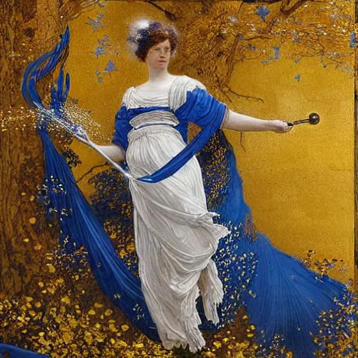 Image similar to the photograph features a woman with wings made of stars, surrounded by a blue and white night sky. the woman is holding a staff in one hand, and a star in the other. she is wearing a billowing white dress, and her hair is blowing in the wind. cool yellow by lawrence alma - tadema, by martine johanna mournful, cgi