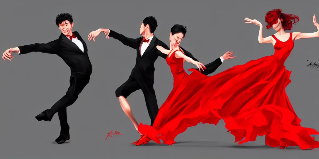 Image similar to Dancing Gesture draw by Stanley Artgerm Lau, Gesture draw, Salsa Dance, couple, lady using red dress, guy using a fancy suit, Salsa tricks, WLOP, Rossdraws, James Jean, Andrei Riabovitchev, Marc Simonetti, and Sakimichan, trending on artstation