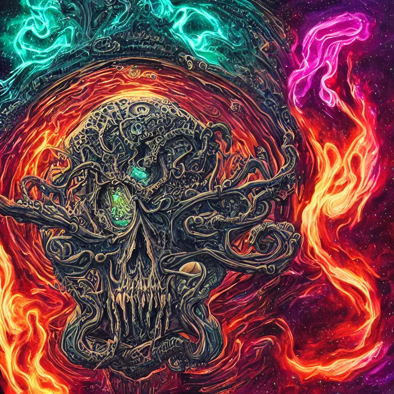 Image similar to a symmetrical composition of a giant skull with deep and intricate rune carvings and glowing eyes with thick lovecraftian tentacles emerging from a space nebula by dan mumford, twirling smoke trail, a twisting vortex of dying galaxies, digital art, vivid colors, highly detailed