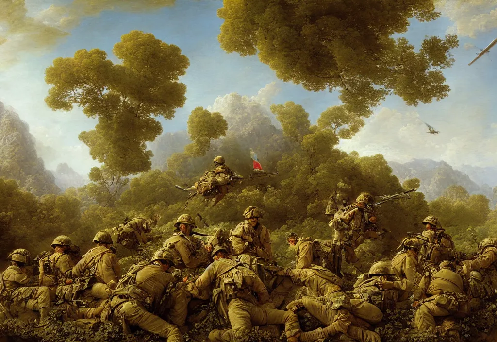 Image similar to afghanistan war by jean honore fragonard, green jungle, helicopters, battlefield, tanks