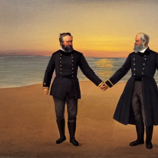 Image similar to Ulysses S. Grant and Robert E. Lee holding hands and walking on the beach, smiling, sunset