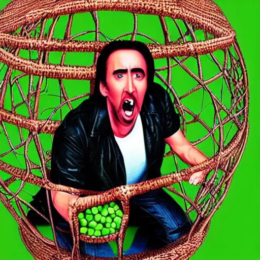 Prompt: nicolas cage trapped in a wicker cage upset with a mouth full of peas