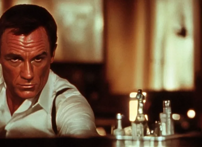 Prompt: a still from a 007 film, with James Bond sitting at a bar drinking from a juicebox