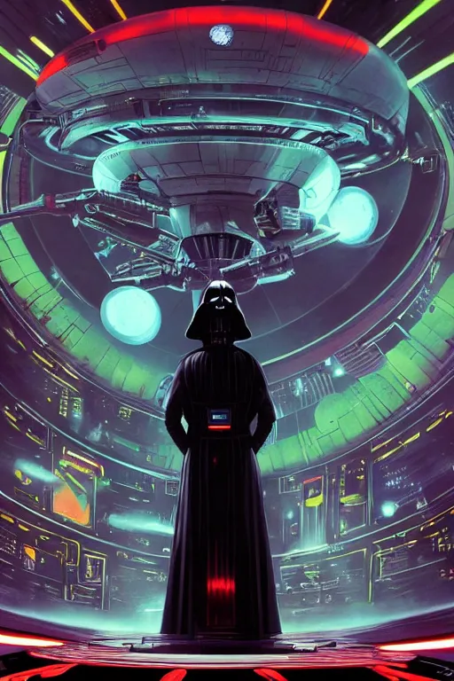 Image similar to darth vader dj standing on a giant science fiction turntable at a rave on the deathstar, syd mead, dynamic lighting, digital art, winning award masterpiece, fantastically beautiful, illustration, dan mumford, moebius, trending on artstation, 8 k