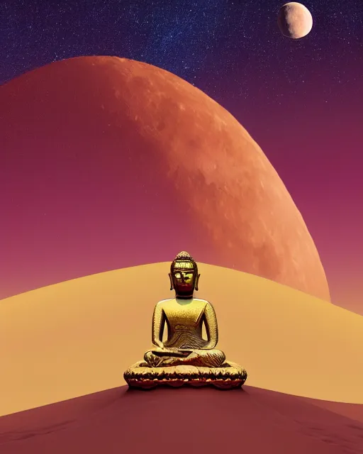 Prompt: the most beautiful sunset, giant pink full moon, a sky full of stars aticama desert chile, a buddha with a golden dorje above his head, coherent design, symmetrical, concept art, vivid color, complementary color, golden ratio, detailed, sharp lines, intricate, rainbowshift, by mc escher, octane render