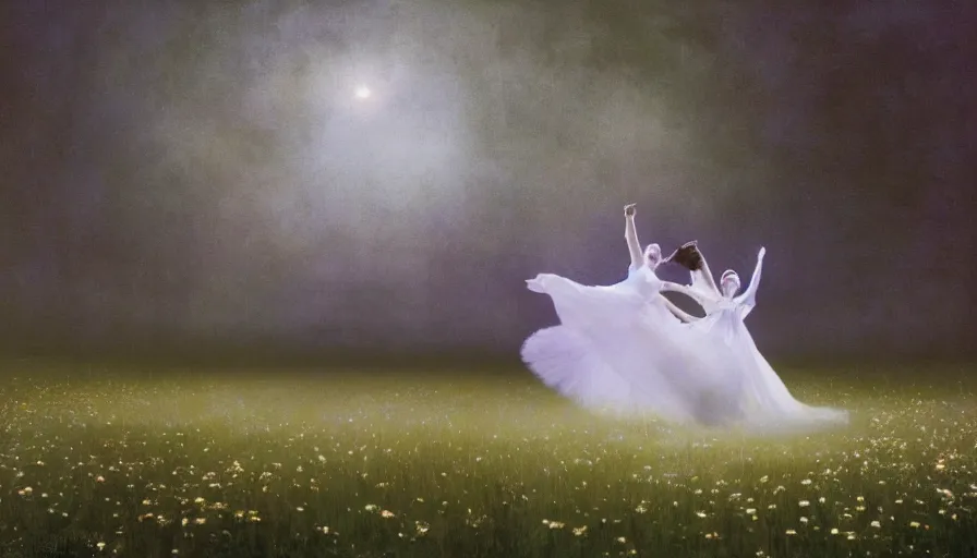 Image similar to dancers in white dancing across a flower meadow the moonlit dance of the fae by wojciech siudmak and ivan aivazovsky, contemporary dancers dancing artistic photography movement photorealistic volumetric cinematic light, award - winning