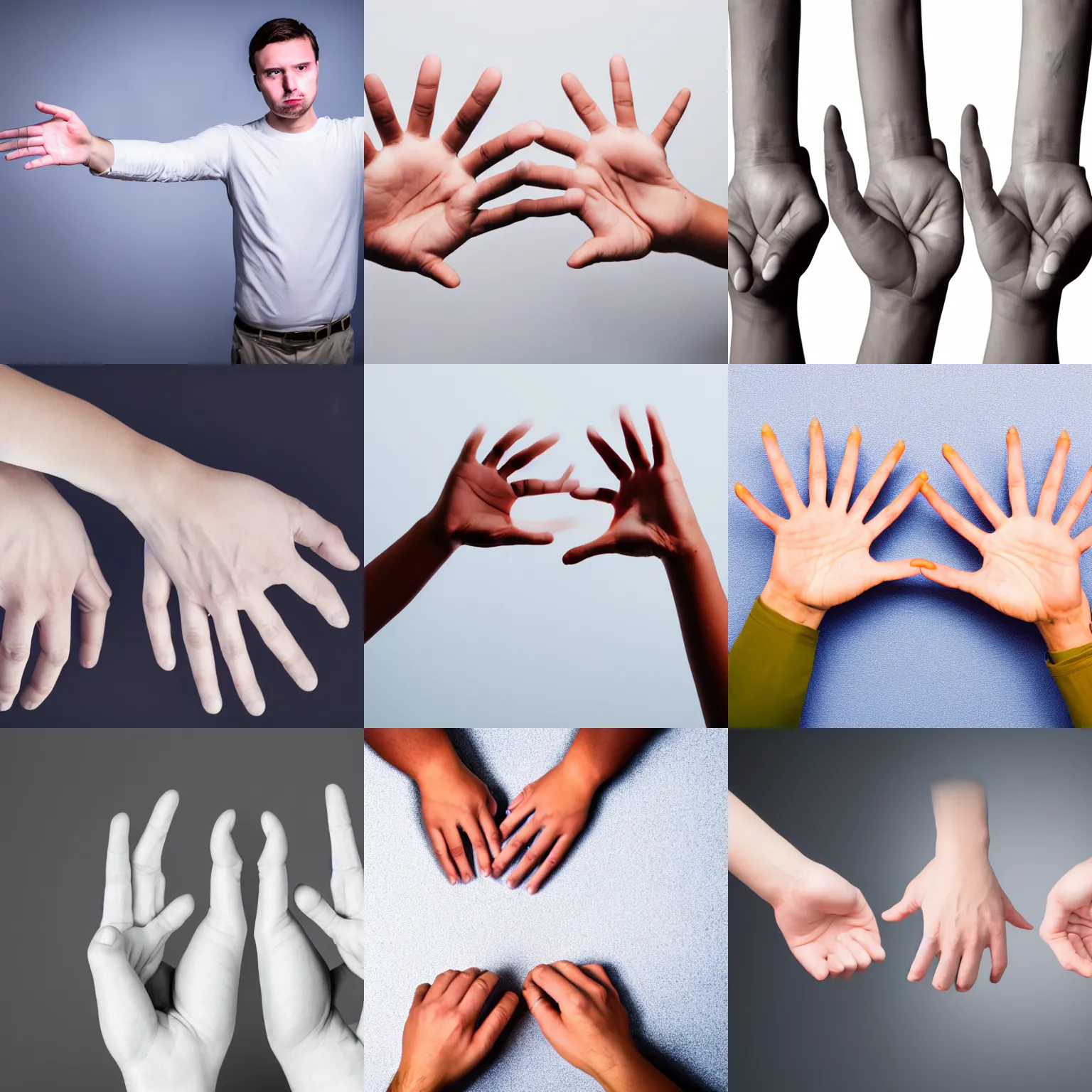 Prompt: both left and right hands wrists, hand gestures, evenly lit high-key lighting white background