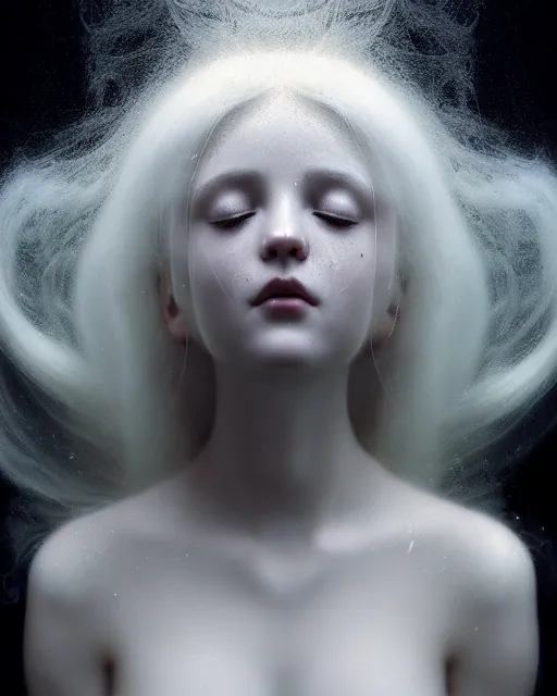 Image similar to soft, delicate, dreamy, subsurface scattering, white, young beautiful goddess in cosmos with very long white hair floating in air, fluid smoke art, black and white, octane render, dino valls, mark ryden, joe fenton, michal karcz, highly detailed, rim light, art, cinematic lighting, very coherent, hyper realism, 8 k