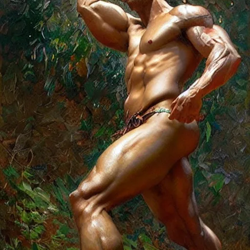 Image similar to god of the forest, 30 years old, playful, male, muscular, detailed face, thighs!!!! gorgeous, amazing, muscular, intricate, highly detailed, painting by Gaston Bussiere, Craig Mullins