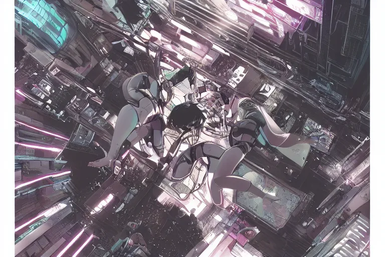 Image similar to a cyberpunk illustration of a group of three female androids in style of masamune shirow, lying on an empty, white floor with their bodies rotated in different poses and cables and wires coming out, by yukito kishiro and katsuhiro otomo, hyper-detailed, intricate, view from above