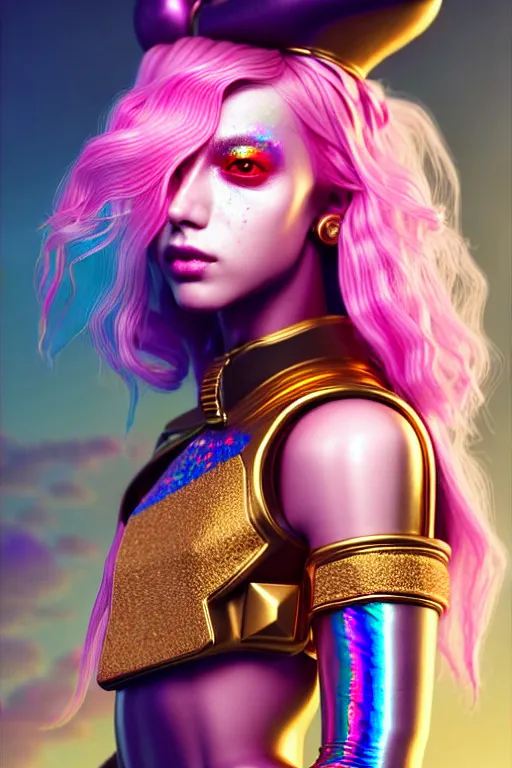 Prompt: hyperdetailed portrait of a stunningly beautiful european girl androgynous guard made of iridescent metals shiny pink gems, bright rainbow gold cyberpunk nimbus, inspired by ross tran and wlop and masamune shirow and kuvshinov, concept art, intricate, photorealistic, octane render, rtx, hdr, unreal engine, dnd digital art by artgerm