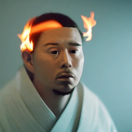 Image similar to cinematic film still of rapper DDG starring as a Japanese Sensei with fire, Japanese CGI, VFX, 2003, 40mm lens, shallow depth of field, film photography