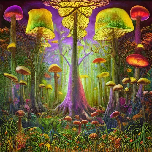 Prompt: psychedelic fantasy forest with glowing mushrooms and eerie trees in the style of Ernst Haeckel and Daniel Merriam, perfect award winning album art
