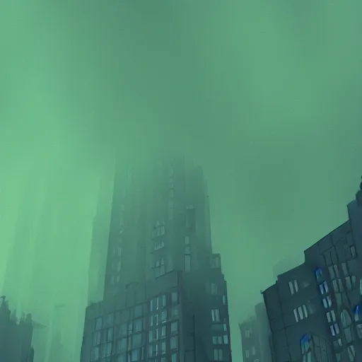 Image similar to 249. Dark City. Labyrinth. Highrise. Walking through the streets with no direction in mind. Escape not possible. Mist. Dark sky. Colorscheme dark green, dark yellow. Gradient. Low angle wide shot. Artstation