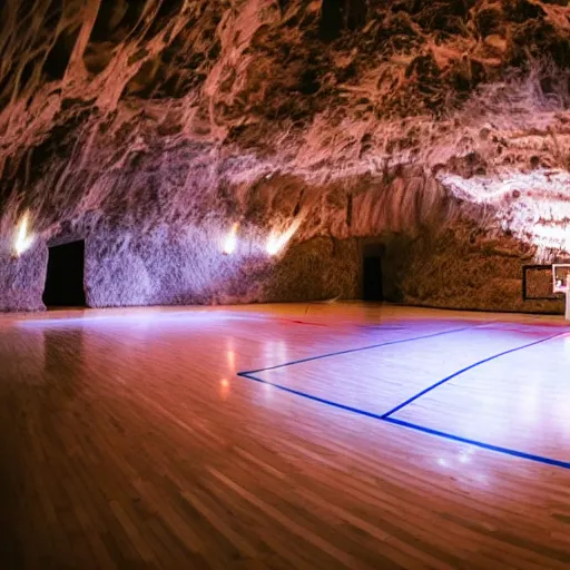 Prompt: a basketball court inside a cave with premium lighting