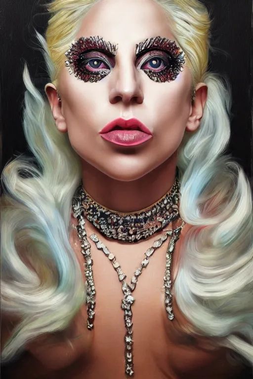 Image similar to lovechild of Lady Gaga and Donald Trump, oil on canvas, intricate, portrait, 8k highly professionally detailed, HDR, CG Society