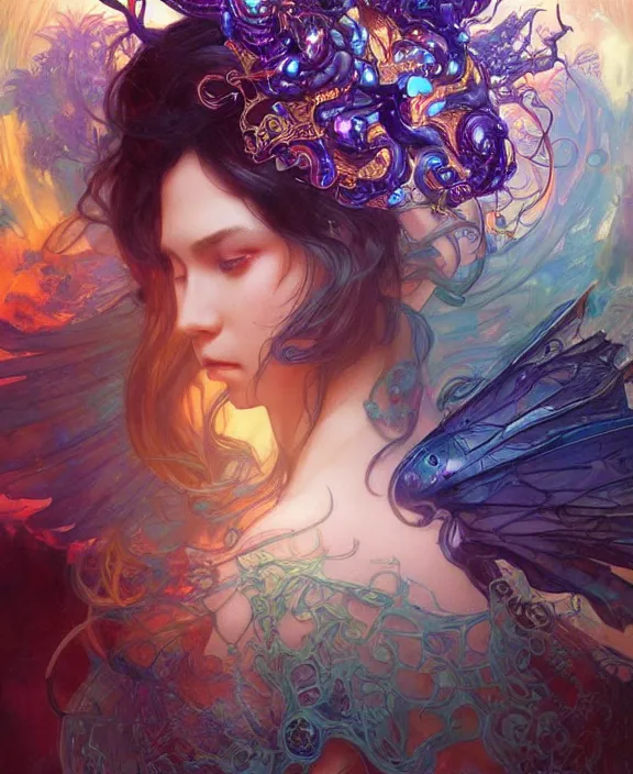 Image similar to a whirlwind of souls rushing inside the metaverse, half body, glowin eyes, tiara with sapphire, insect, d & d, fantasy, intricate, elegant, highly detailed, colorful, vivid color, digital painting, artstation, concept art, art by artgerm and greg rutkowski and alphonse mucha and ruan jia