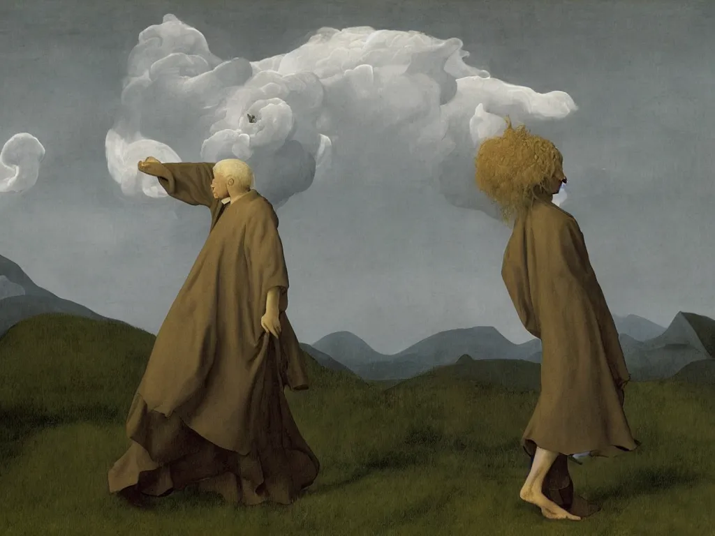 Prompt: albino mystic, with his back turned, looking at a storm over over the mountains in the distance. Painting by Jan van Eyck, Audubon, Rene Magritte, Agnes Pelton, Max Ernst, Walton Ford