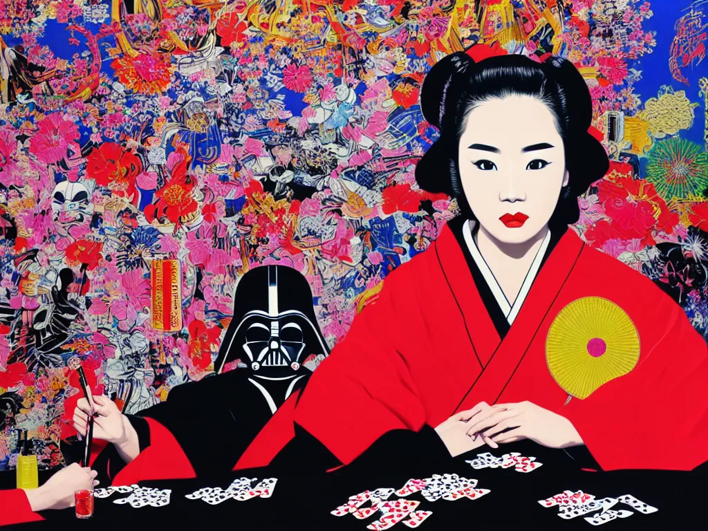 Image similar to hyperrealistic composition of the detailed woman in a japanese kimono sitting at a extremely detailed poker table with detailed darth vader, fireworks, mount fuji on the background, pop - art style, jacky tsai style, andy warhol style, acrylic on canvas