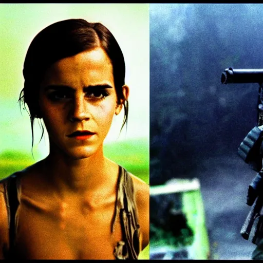 Image similar to film still, extreme far view, emma watson vietnam door gunner, film still from apocalypse now ( 1 9 7 9 ), 2 6 mm, kodak ektachrome, blue tint expired film,