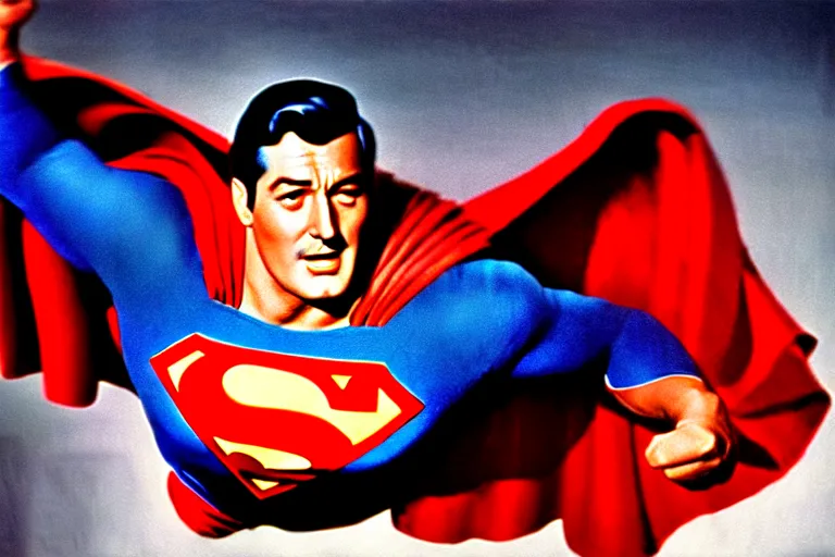 Image similar to rock hudson playing superman in, superhero, dynamic, 3 5 mm lens, heroic, studio lighting, in colour