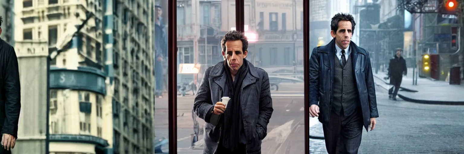 Prompt: close-up of Ben Stiller as a detective in a movie directed by Christopher Nolan, movie still frame, promotional image, imax 70 mm footage