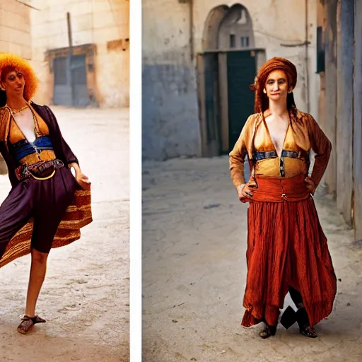 Image similar to beautiful 1 9 th century barbary coast pirate female models with ginger hair and golden hooped earrings photography by steve mccurry