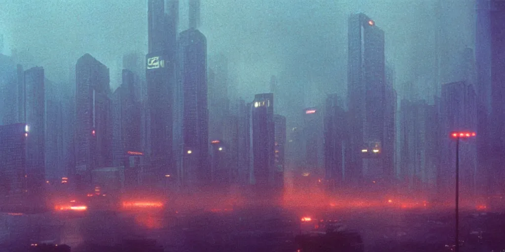 Prompt: 3 5 mm atmospheric dusk urban photographic landscape of hong kong 2 0 xx, blade runner 1 9 8 2 city, matte painting, cinematic composition, futuristic dystopian megacity skyline with towering mega - skyscrapers, falling acid rain, neon, industrial fires and smog, dramatic cinematography 3 5 mm