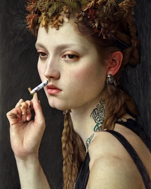 Prompt: a beautiful village girl with tattoos smoking a cigarette, by edgar maxence and caravaggio and michael whelan and delacroix style, artistic, intricate drawing, light brazen, realistic fantasy, extremely detailed and beautiful aesthetic face, establishing shot, 8 k resolution, dramatic lighting