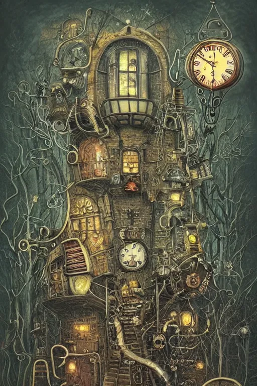 Prompt: steampunk witch photography сlockwork, spooky nostalgic fairy tale, by shaun tan, jacec yerka