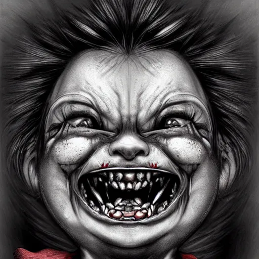 Image similar to surrealism grunge cartoon portrait sketch of chucky with a wide smile, by michael karcz, loony toons style, freddy krueger style, horror theme, detailed, elegant, intricate