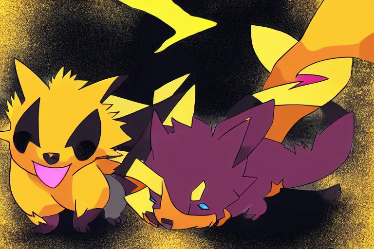 Prompt: zorua the black and maroon colored fox - like pokemon, pikachu the black and yellow electric mouse pokemon, two pokemon playing together, super detailed, clean lines, digital art