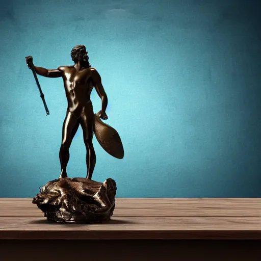 Prompt: bronze metallic statue of Poseidon rising above waves on a wooden desk, studio lighting