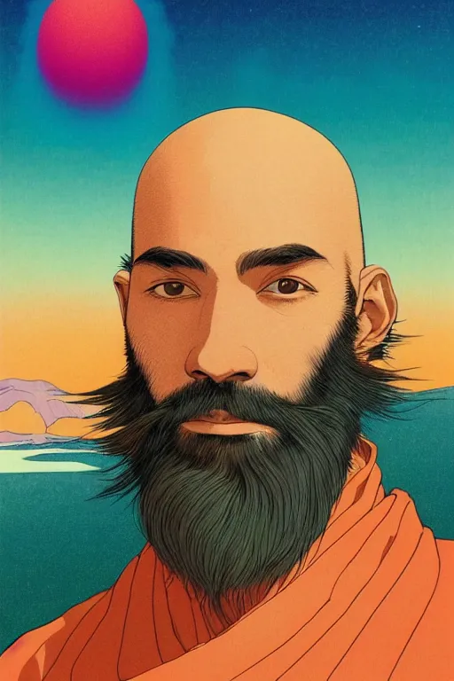 Image similar to a colorful closeup portrait of a young bald man with a very long wild beard dreaming psychedelic hallucinations in the vast icy landscape of antarctica, by kawase hasui, moebius and edward hopper, colorful flat surreal design, hd, 8 k, artstation