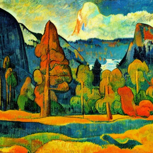 Prompt: Yosemite in the style of Gauguin